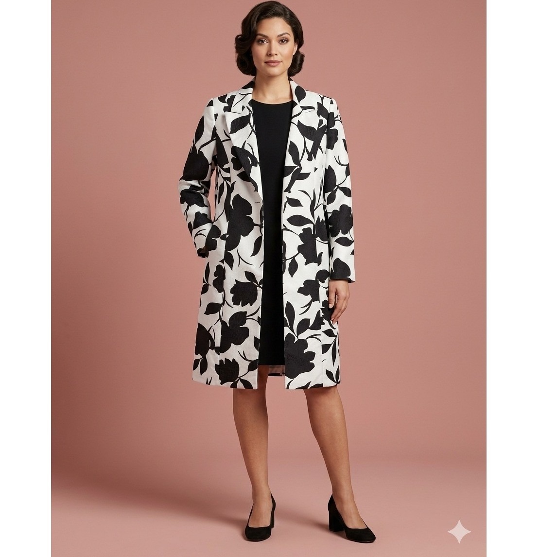 Le Suit Women Black White Floral Coat And Sheath Dress 2 Piece Set Size 6